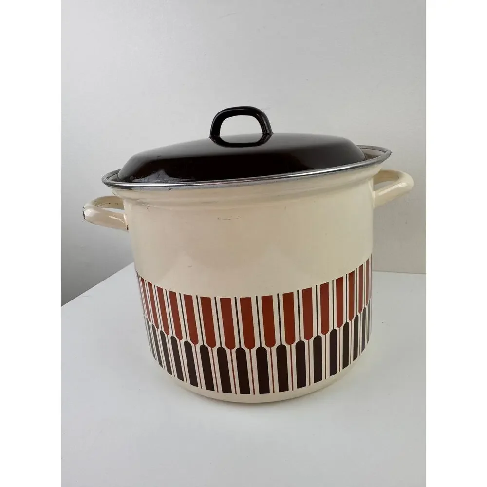 Vintage Moneta MCM Beige Brown Stock Pot 8-Quart Enamel with Lid Made in Italy
